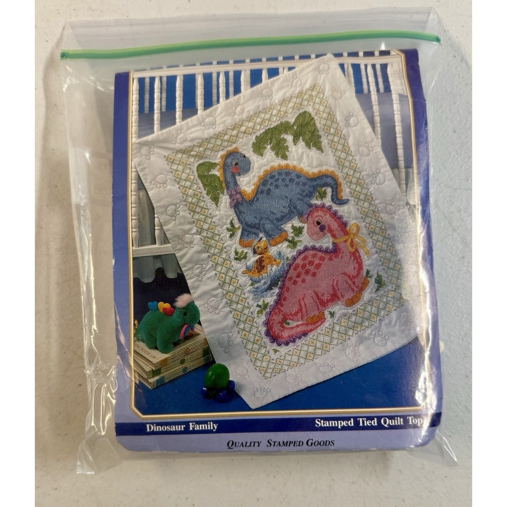 1993 Bucilla DINOSAUR FAMILY Stamped Cross Stitch Baby Tied Quilt Top #64010